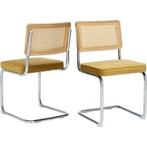 Natural Rattan Dining Chairs Set of 2/4/6, Upholstered Mid-Century Modern Dining Room Chairs with Cane Backrest, Retro Velvet Kitchen Chairs with Chrome Base