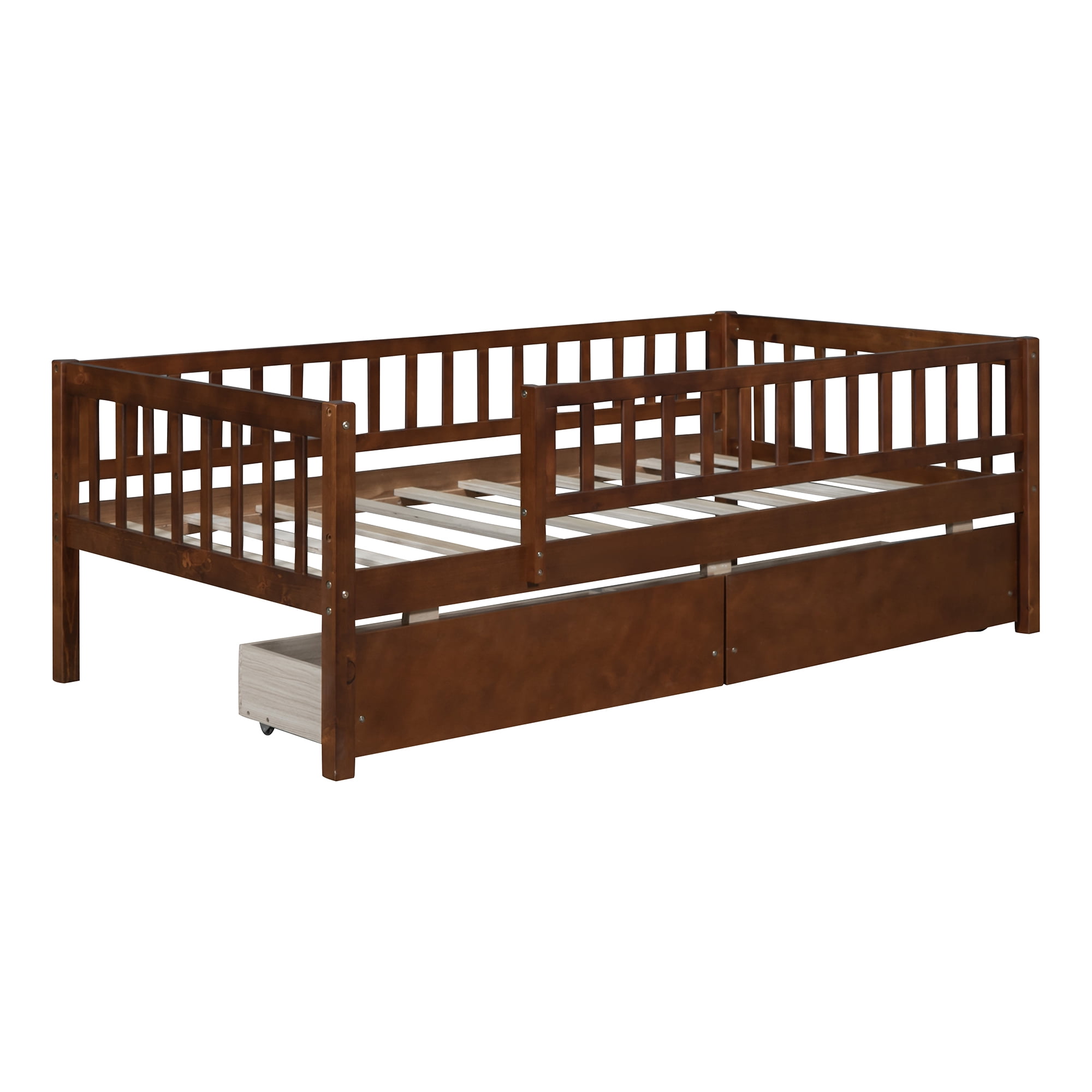 Holaki Twin Size Wood Bed with Guardrails and 2 Storage Drawers for Kids, Walnut