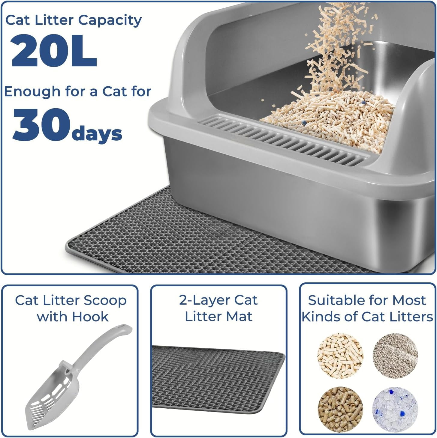 Stainless Steel Cat Litter Box with Lid, High-Wall Non-Stick Litter Pan for Small Cats, Anti-Leakage Metal Litter Box, Easy to Clean, Includes Cat Mat and Scoop, 17.2"x13.2"x7.7"