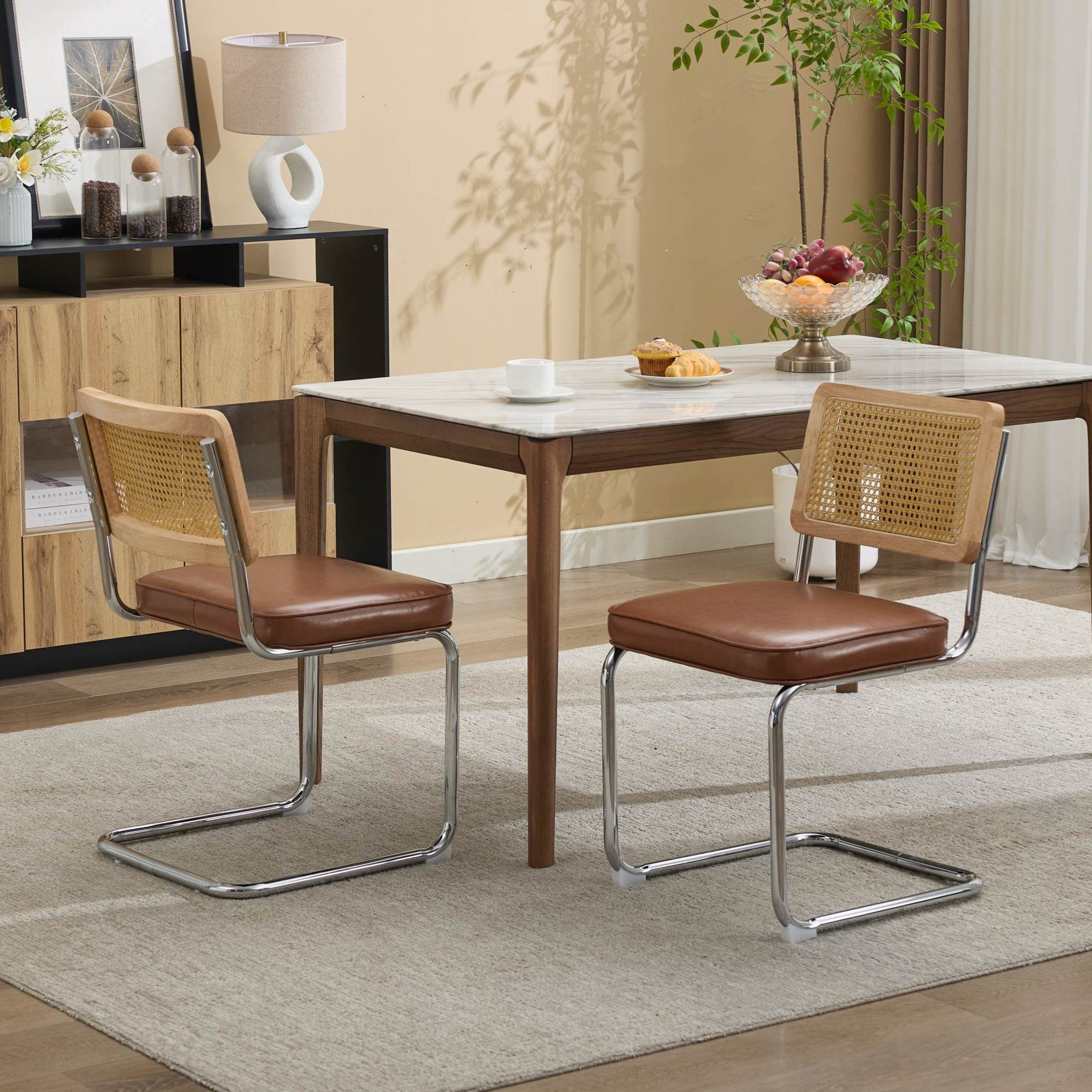 GDF Studio 23.2" Dining Chairs Set of 2 with PU Upholstery, Natural Cane Back & Chrome Metal Base, Brown
