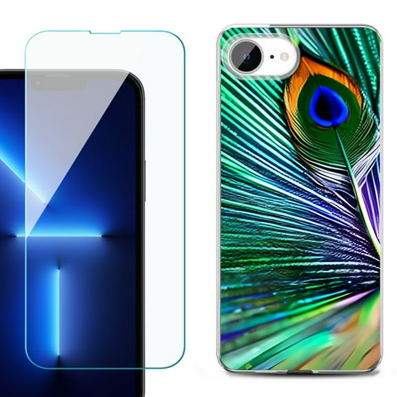 For For iPhone 16e Phone Case Cover, Shockproof Case with Tempered Glass Screen Protector, by OneToughShield - Peacock Feather