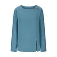 thumbnail image 4 of WREESH Womens Fashion Cotton Linen Shirt Solid Color Side Button Cotton Linen Round Neck T-Shirt Loose Long Sleeve Side Button Cotton Linen Lap Pullover Sky Blue, 4 of 6