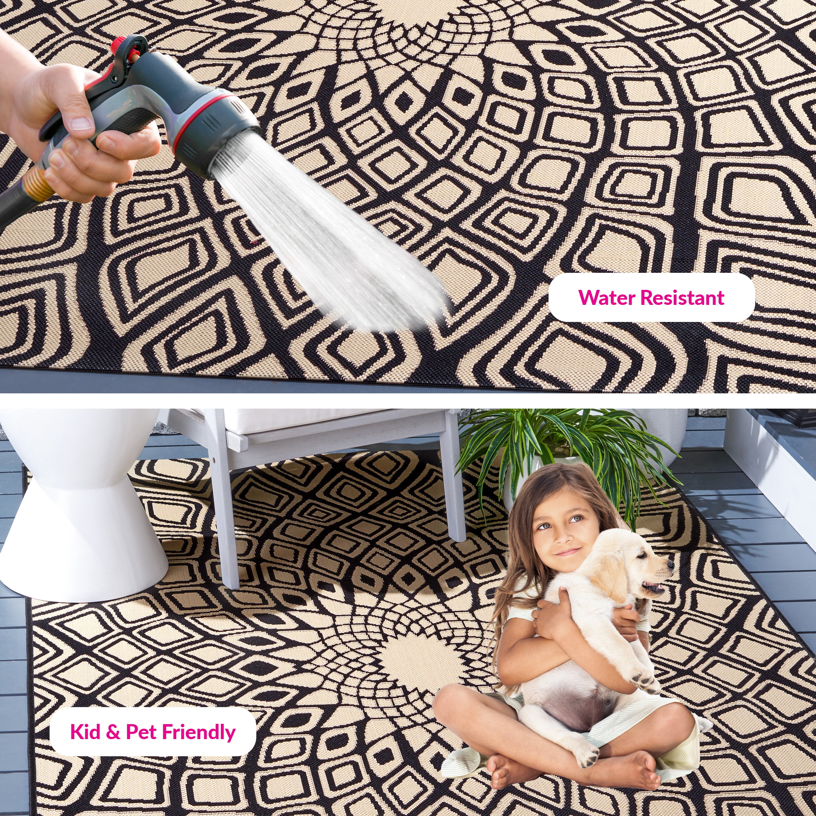 SAFAVIEH Courtyard Thane Nautical Indoor/Outdoor Area Rug, 9' x 12', Black/Beige