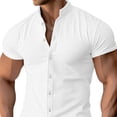 thumbnail image 5 of TNOBHG Men Slim Fit Shirt Men's Cotton Linen Slim Fit Stand Collar Shirt with Short Sleeves, 5 of 8