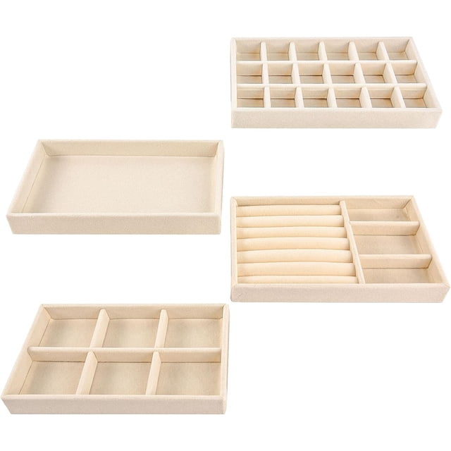 Bandeja de joyería de terciopelo, juego de 4 organizadores de joyas, cajón de almacenamiento de joyas, cajón separador apilable, bandejas organizadoras para pendientes, collares (Beige)
