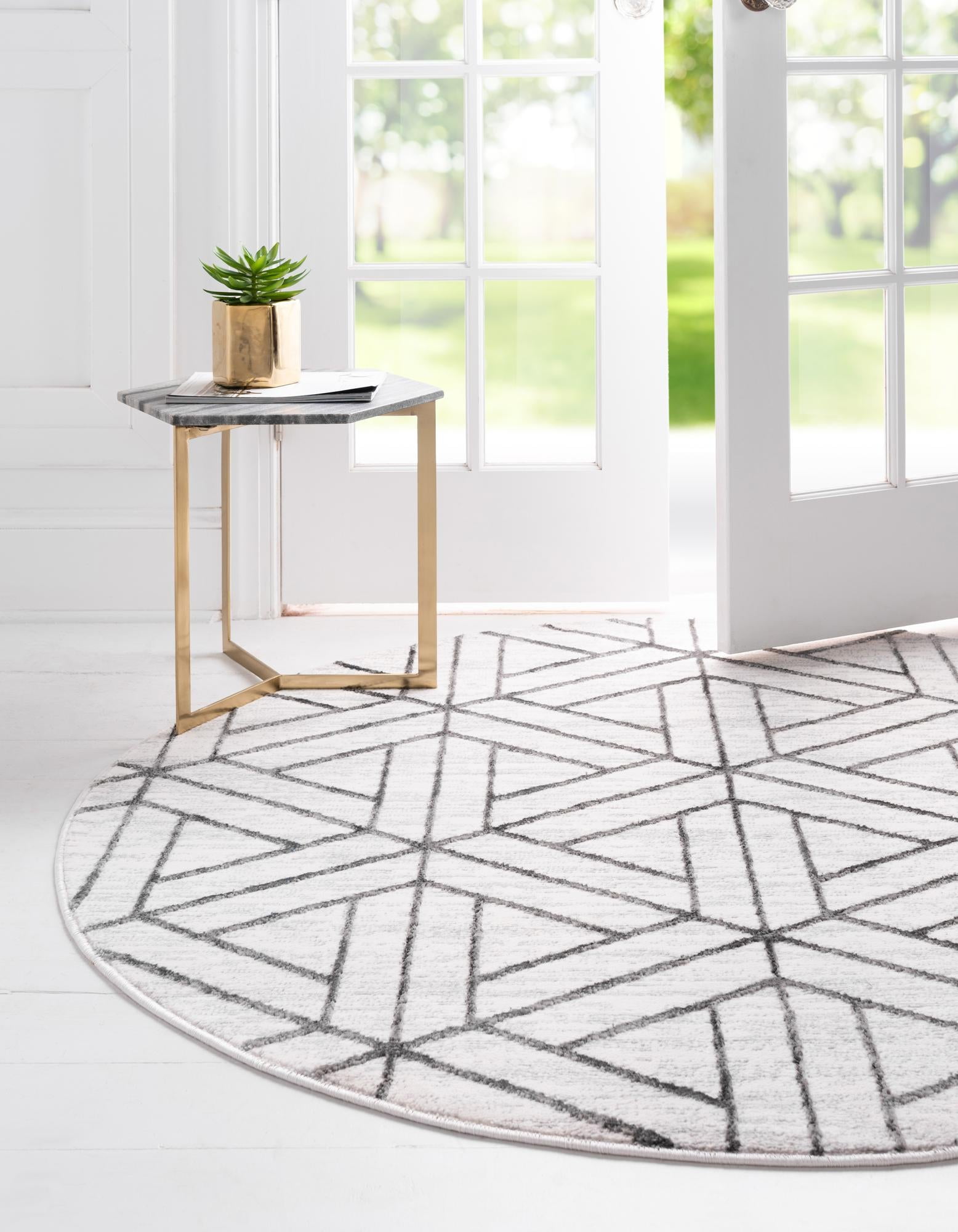 Lattice Trellis Collection Rug 5 Ft Round White LowPile Rug