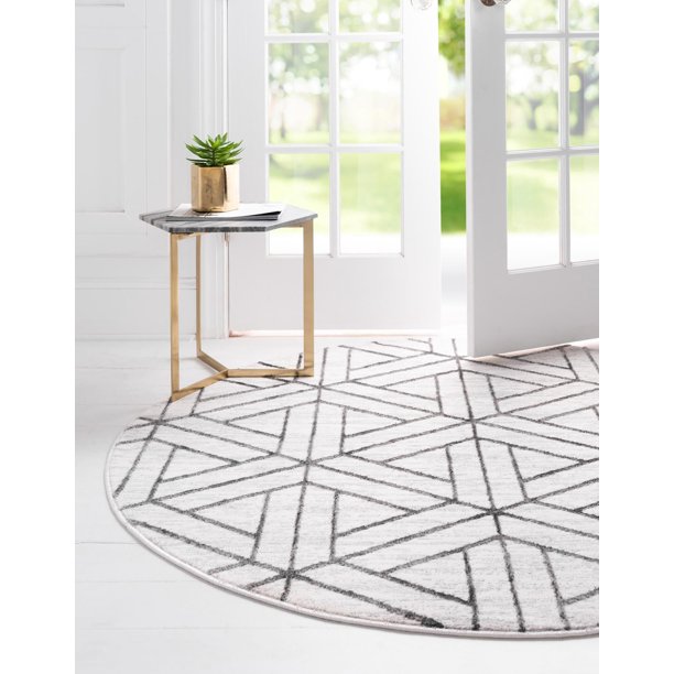 Lattice Trellis Collection Rug 5 Ft Round White LowPile Rug Perfect For Kitchens