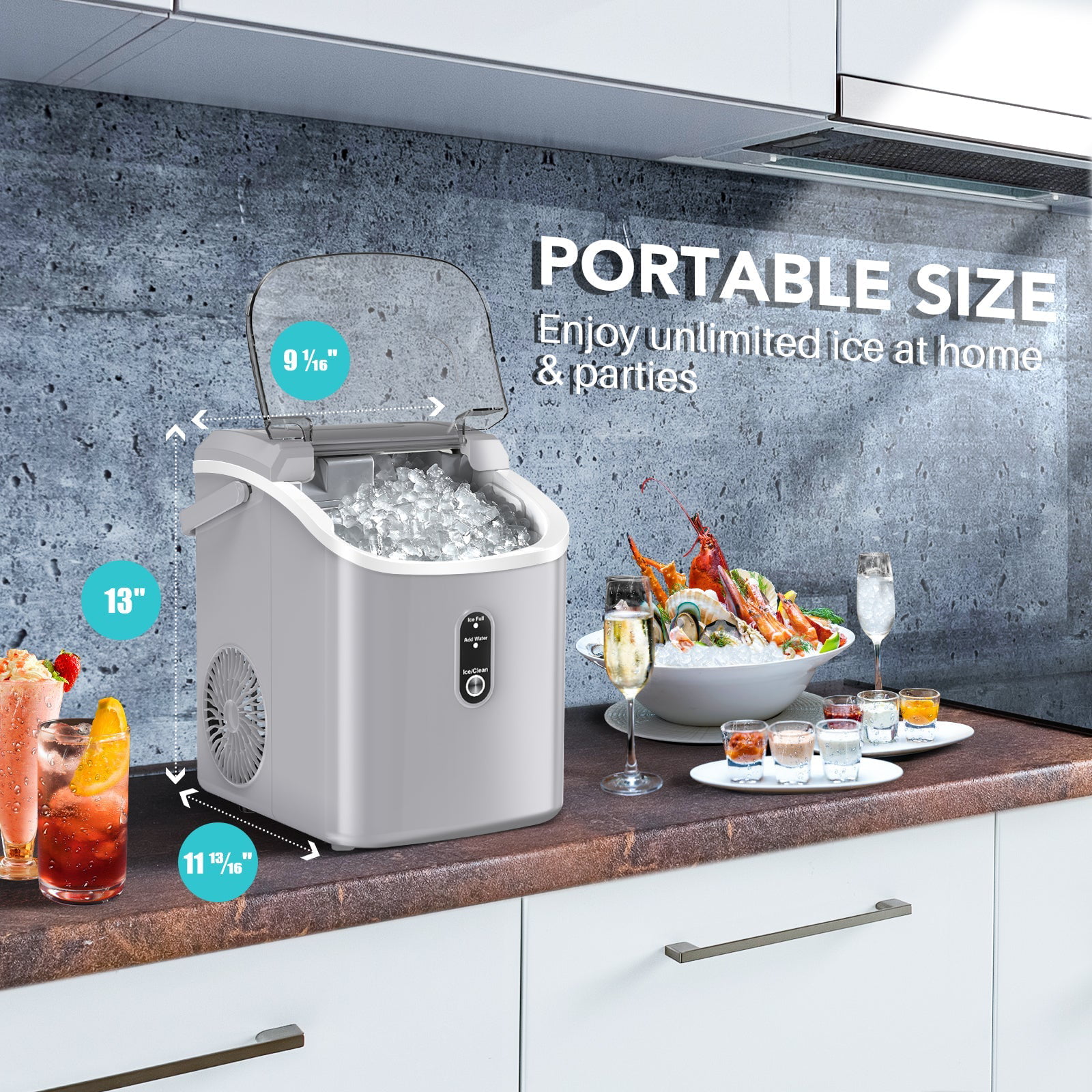 FREE VILLAGE Nugget Ice Maker Countertop, Pebble Ice Maker with  11000pcs/35lbs Soft Chewy Pellet Ice/Day, Self-Cleaning, Quiet Operation,  Portable Ice Makers Countertop（Grey） 