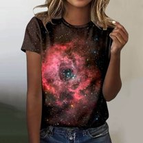 Women's 2025 Starry Galaxy Shirt 3D Galaxy Print T Shirt Glitter Shirt Fashion Starry Summer Shirt Round Neck Short Sleeve Top Carnival Outfit