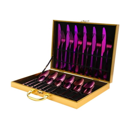 

24PCS/Set Wooden Box Stainless Steel Cutlery Spoon Fork Tableware Dinnerware Supplies (Purple)