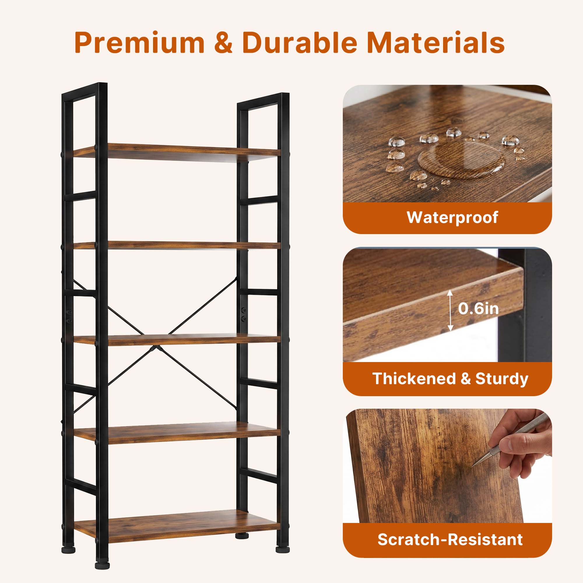 Atilioo 5-Tier Bookcase, 62 Inches Tall, Rustic Brown photo 7