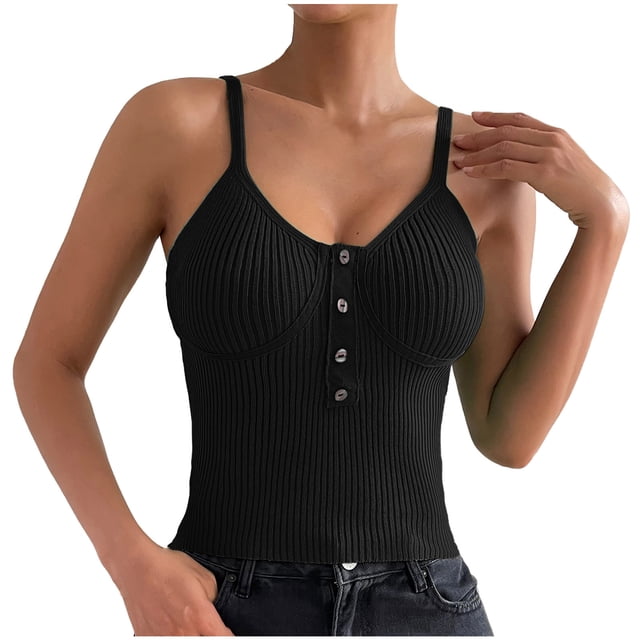 Womens Summer Rib Knitted Camisole Tops V Neck Spaghetti Straps Button Vest Blouses Solid Color Slim Fitted Tank Shirts