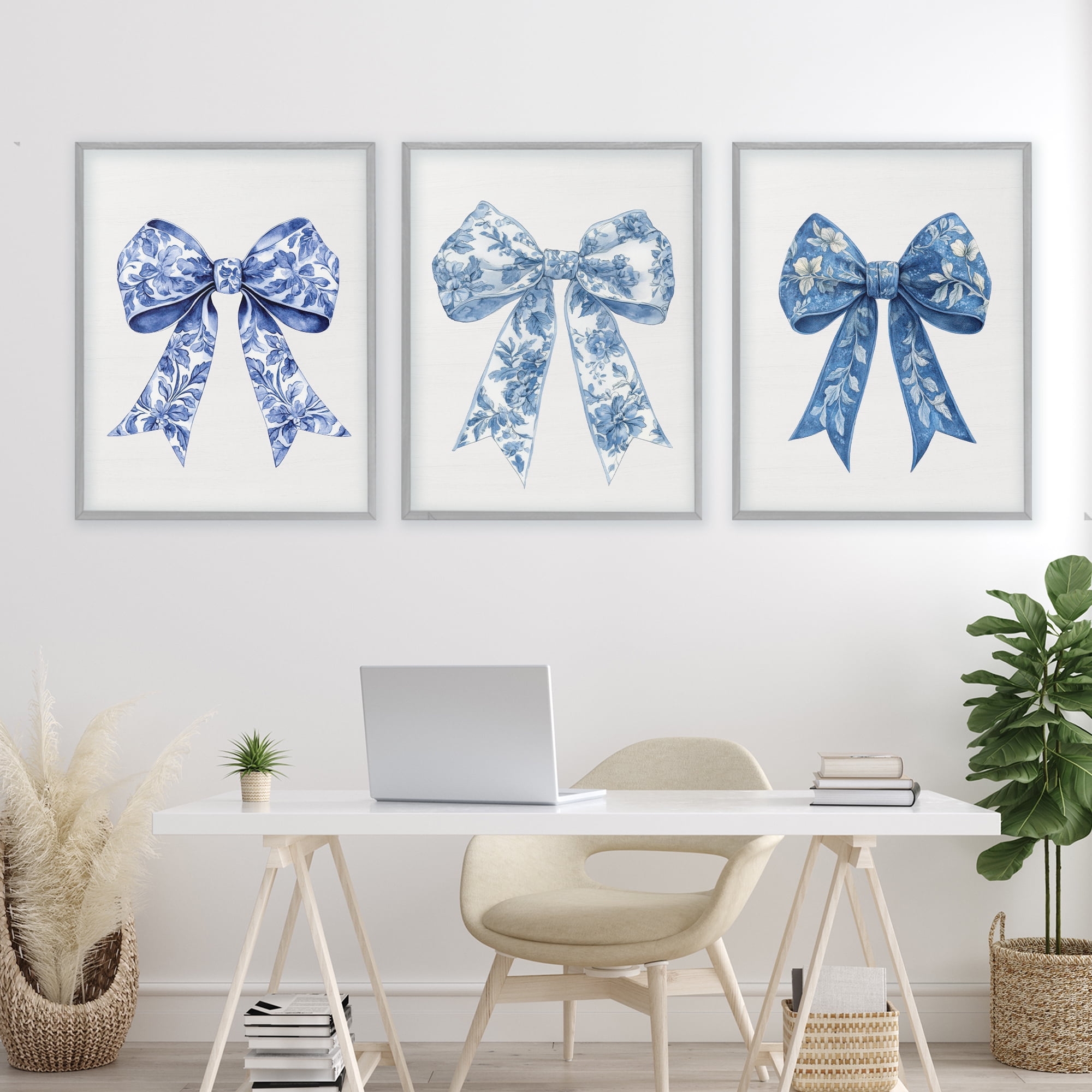Vintage Toile Pattern Bows 3 Piece Gray Framed Giclee Art Set, design by Lettered and Lined