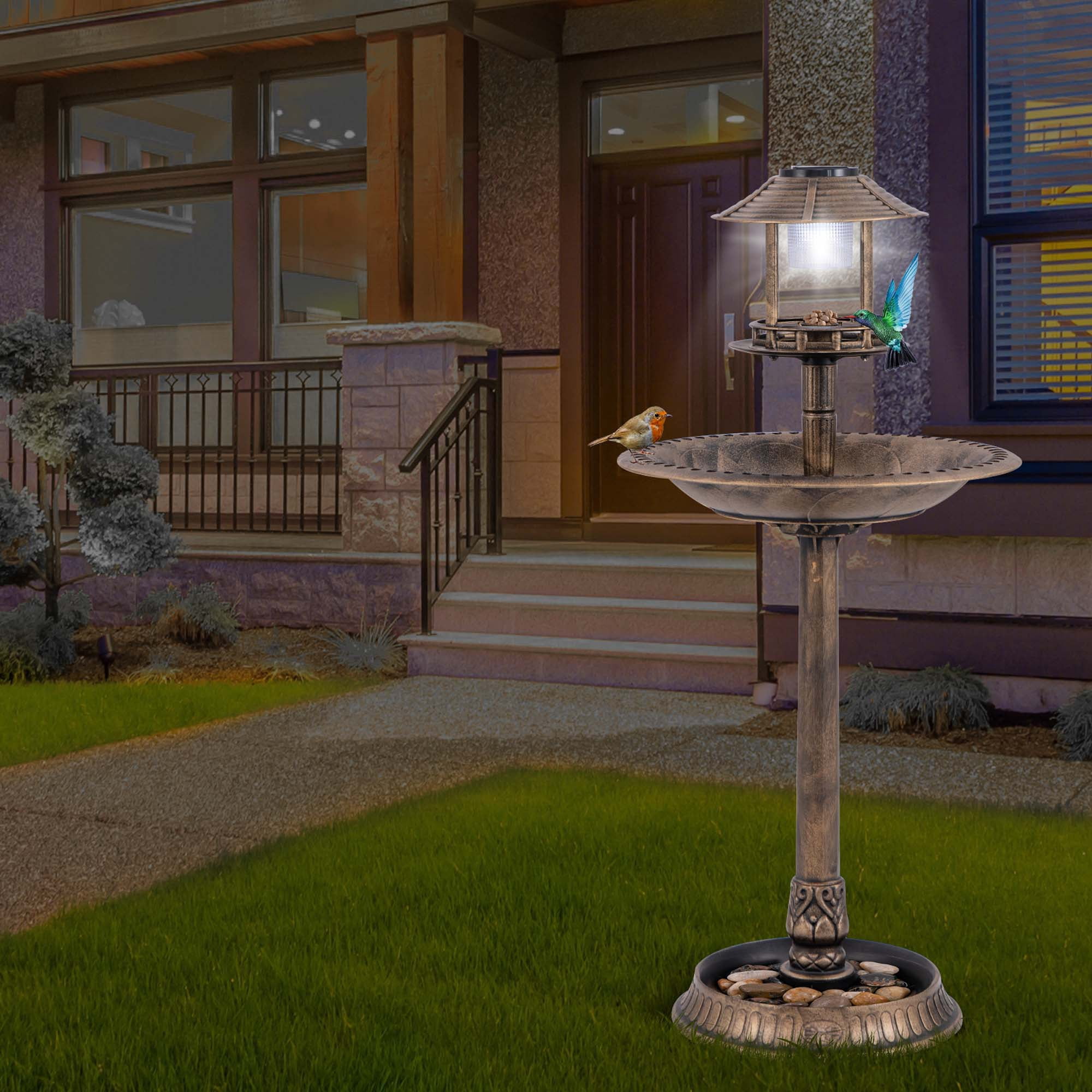 Costway 3-In-1 Pedestal Bird Bath with Solar Light with Bird Feeder & Flower Planter Antique Bronze