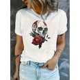 thumbnail image 1 of Women'S Floral Skull Print T-Shirt, Casual Crew Neck Short Sleeve Top, Polyester 95% Spandex 5% Knit Fabric, Medium Stretch, All Season Fashion Tee, 1 of 7