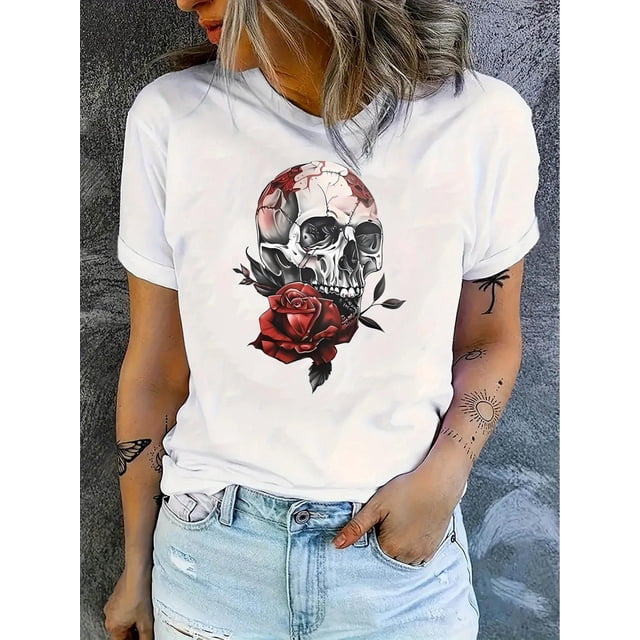 Women'S Floral Skull Print T-Shirt, Casual Crew Neck Short Sleeve Top, Polyester 95% Spandex 5% Knit Fabric, Medium Stretch, All Season Fashion Tee