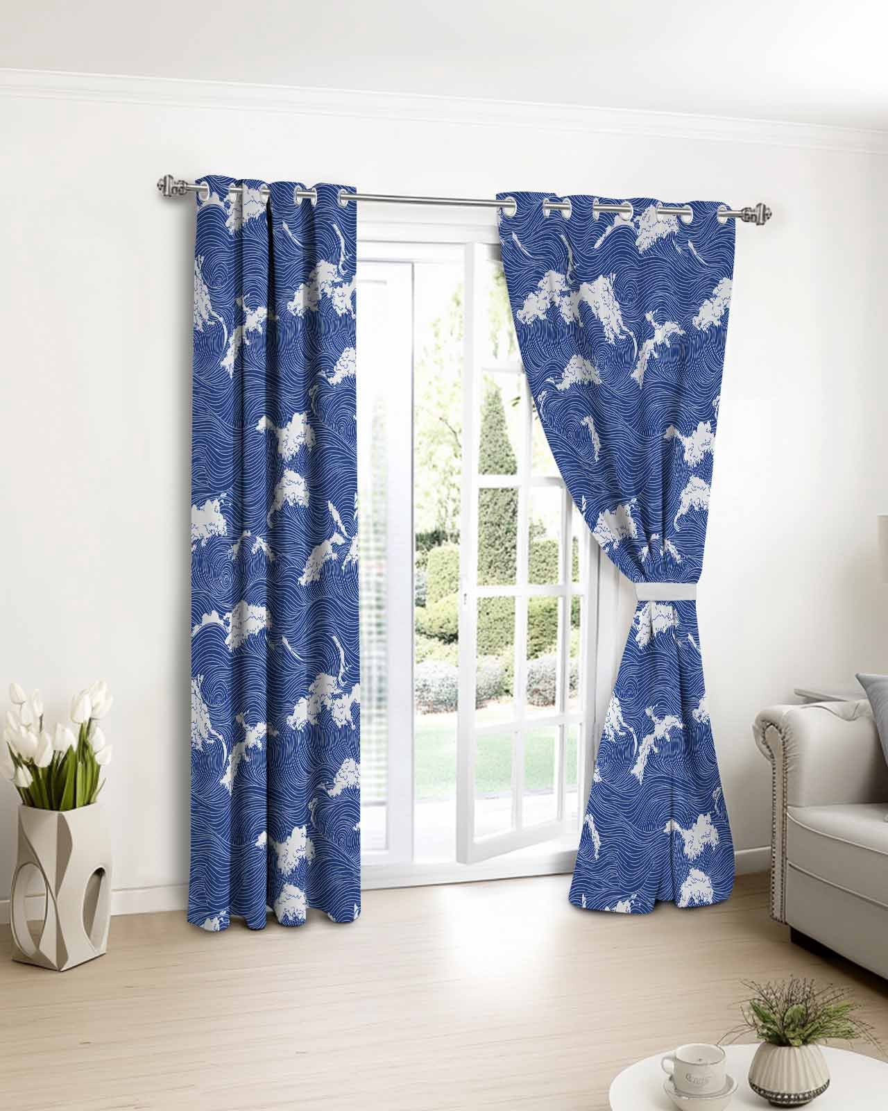 Modern Blackout Curtains for Bedroom Living Room, Ocean Blue Wavy Lines 39 In Long Thermal Insulated Room Darkening Drapes Grommet Window Treatments, 27.5 x 39 In