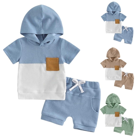 Faraee Toddler Baby Boy Hooded Summer Outfit Newborn Color Block T Shirt Shorts Set Infant Waffle Clothes with Chest Pocket 0 6 12 18 Months 2T 3T Blue