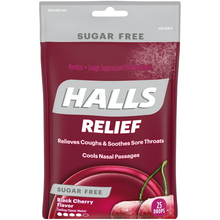 HALLS, Black Sugar Free Cherry Flavor Cough Drops, 25 (Best Cough Drops For Singers)
