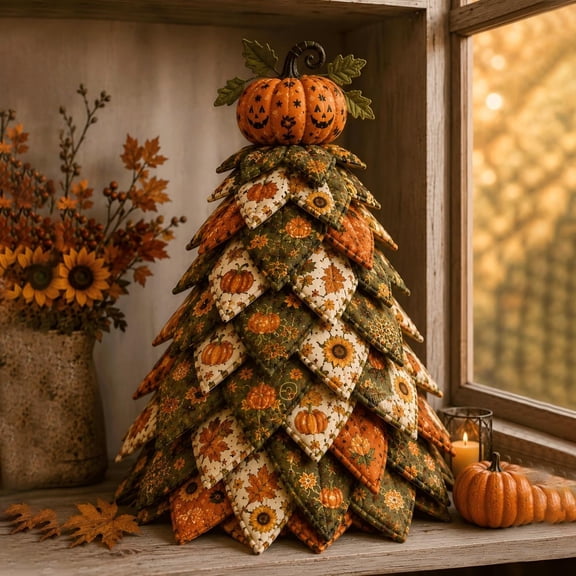 DIY Halloween Quilted Fabric Tree Kit Seasonal Centerpiece for Mantel Shelf, Handmade 3D Patchwork Décor Craft with Materials