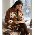 thumbnail image 4 of Womens Floral Print Sherpa Fleece Jackets Winter Zipper Cropped Coat Casual Long Sleeve Outwear with Pockets, 4 of 6