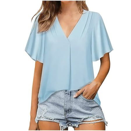 

Summer Trendy Tops for Women Flare Sleeve Blouse V Neck Dressy T Shirts Solid Color Lightweight Tee