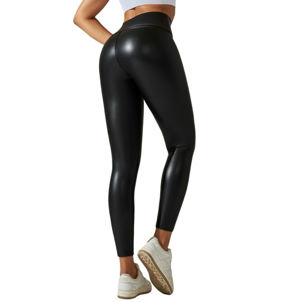 Avamo Ladies Faux Leather Pants Slim Leg PU Pant Solid Color Leggings Sexy  Tights Workout Black 2XL 
