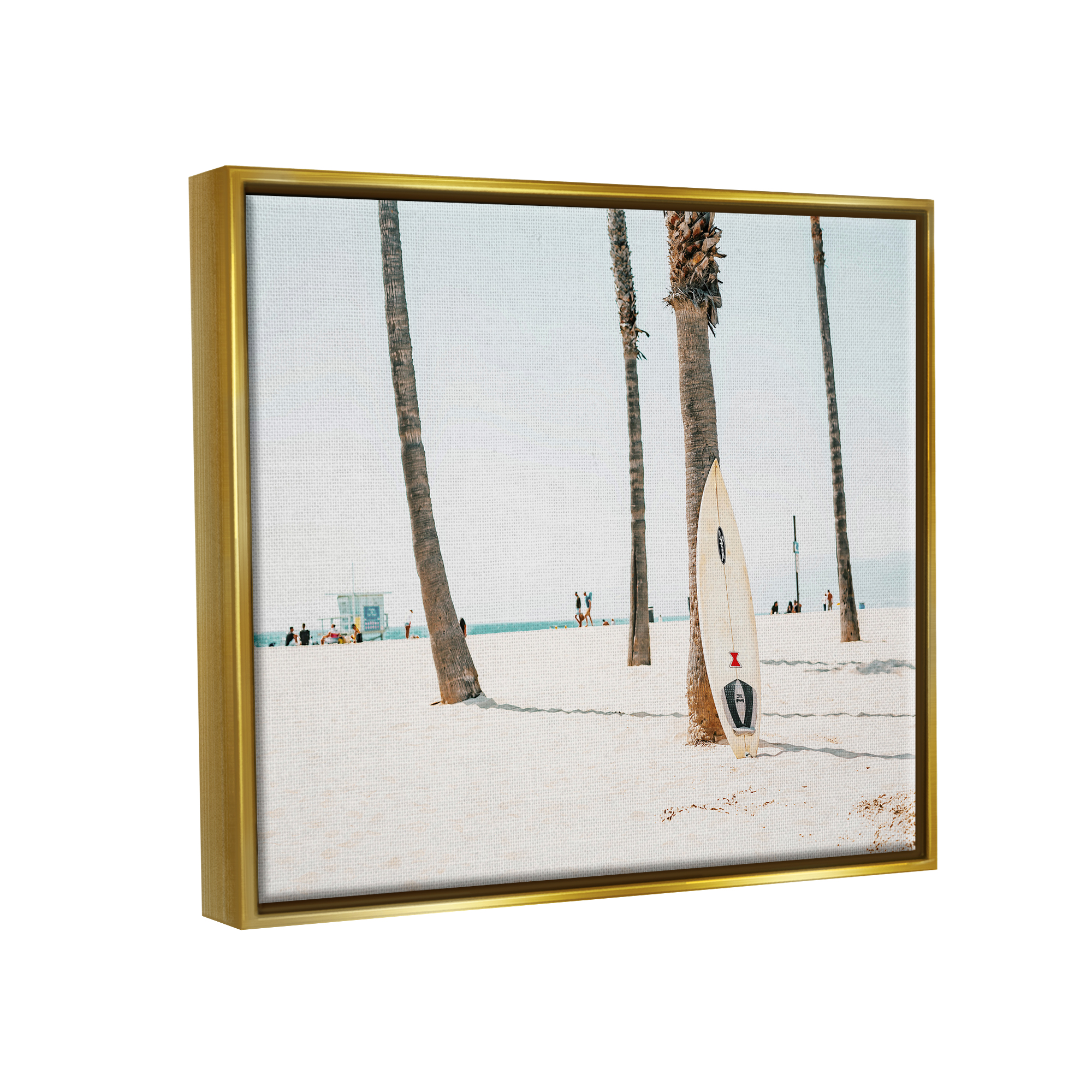 Stupell Surfboard Leaning Tropical Palm Trees Landscape Photography Gold Floater Framed Art Print Wall Art