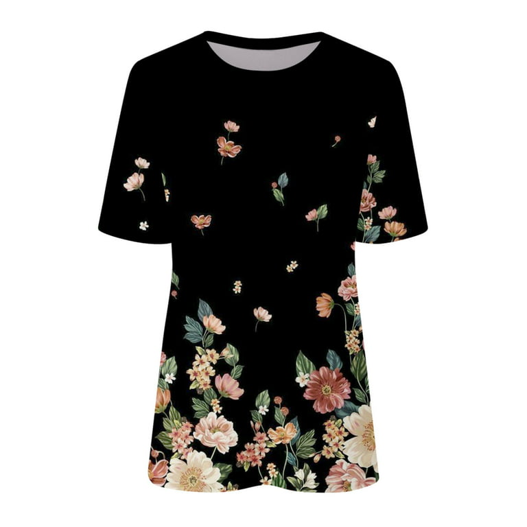 HAPIMO Savings Womens Summer Tops Crewneck Tee Shirt Casual Comfy Raglan  Pullover Tops Short Sleeve Teen Grils Fashion Clothes Floral Print Shirts  for Women Black XL 