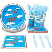 NEW 24 Set Kids Airplane Birthday Party Dinnerware Plate Knife Spoon Fork Cup Napkin
