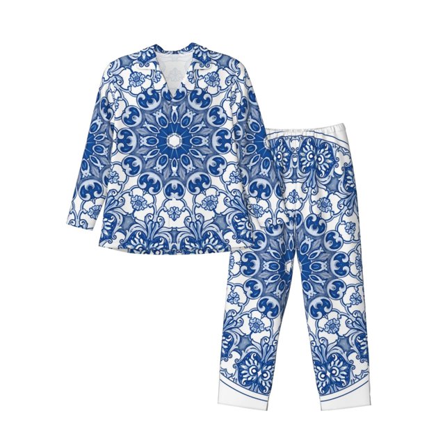 Balery Blue Watercolor Pijama para Hombre de Dos Piezas con Manga Larga, Conjunto de Dormir y Descanso Suave con Bolsillos-XX-Large