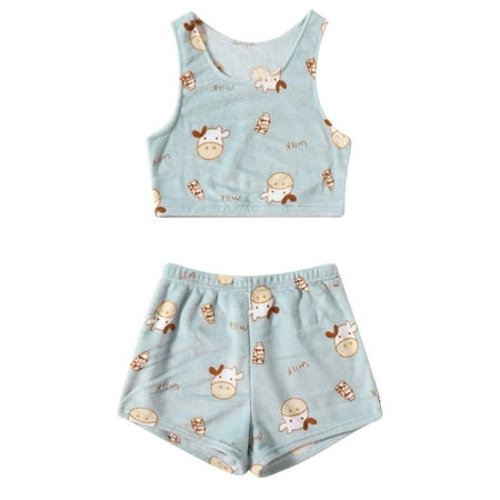 

Womens Pajamas Womens Pajamas Women s Autumn/Winter Dairy Milk Print Sleeveless Vest Shorts Flannel Autumn/winter Heavy Home Wear Pajamas Set Blue