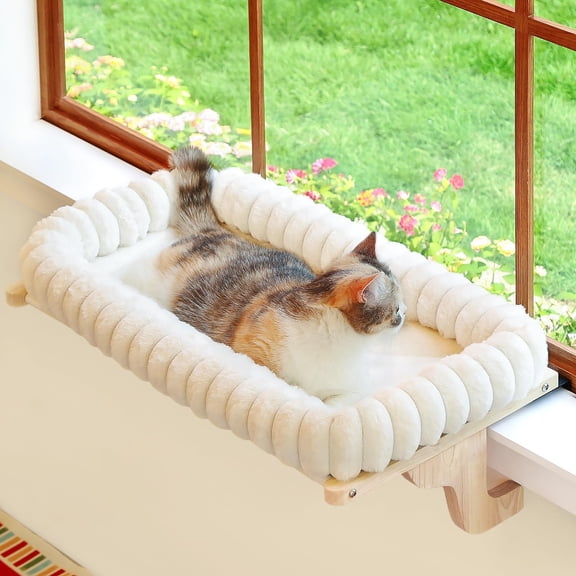Cat Window Perch with 4-Sided Bolster - Orthopedic Cat Hammock for Window Sill - Solid Hardwood & Metal Frame - Window Seat for Pets (Natural Color Wood w/White Bed, Medium)