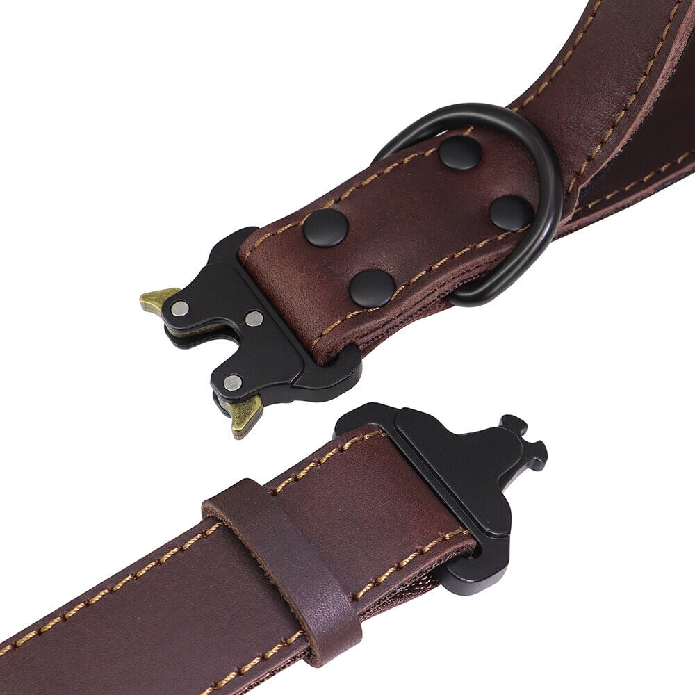 Pet Artist Genuine Leather Large Dog Collars Adjustable with Handle Heavy Duty Buckle