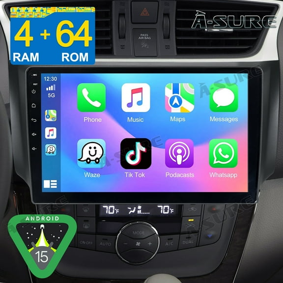 Asure 10.1" Android 15 Stereo 4 64GB Car Radio for Nissan Sentra MK7 (2013-2015) with Apple CarPlay/GPS Navi/Wi-Fi/BT 5.4/DSP/1280x800
