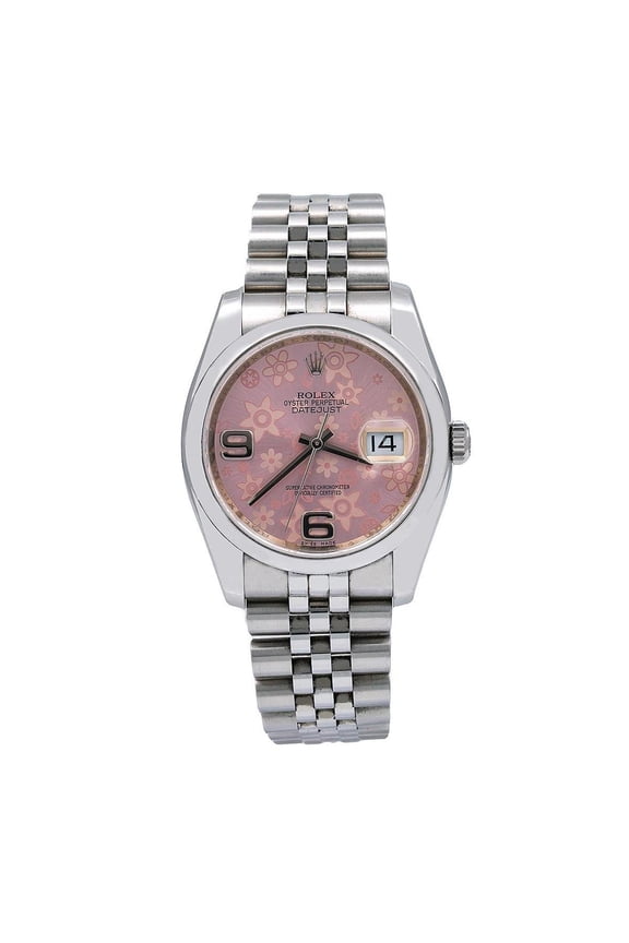 Pre-Owned Rolex Datejust 36MM 116200 Pink Floral Arabic Dial Smooth Bezel Stainless Steel Jubilee Bracelet