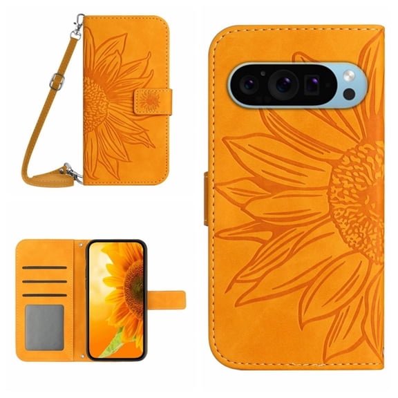 For Google Pixel 10 / Pixel 10 Pro 6.3" Sunflower Embossed Strong Magnetic Attachment/Closure, Card Slots/Pocket, PU Leather Flip Wallet Case With Adjustable Shoulder Strap,Yellow
