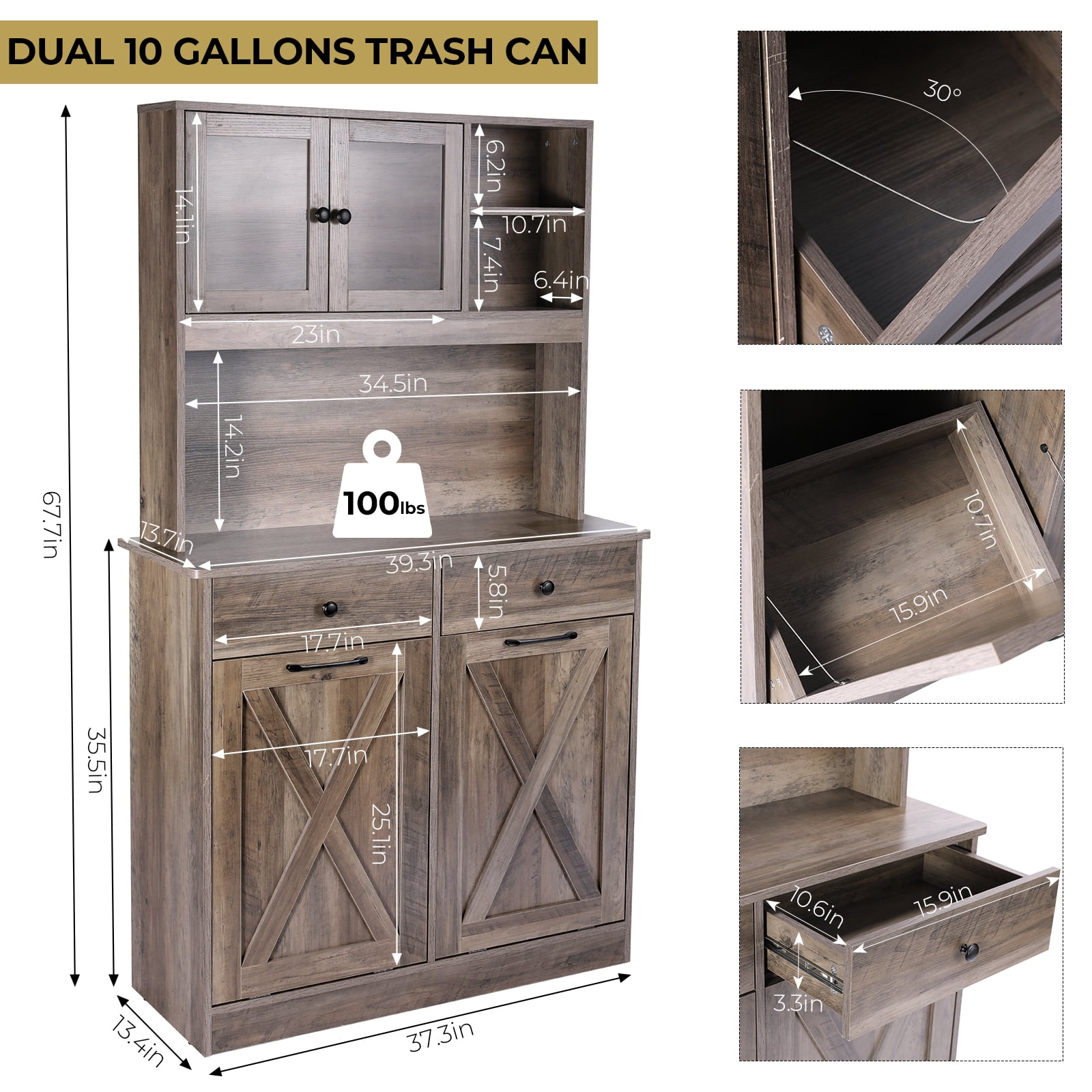 LAZY BUDDY Double Tilt Out Trash Cabinet 2 x 10 gal Solid Wood Hideaway Trash Holder Wooden Free Standing Recycling Cabinets Bin for Kitchen, Gray