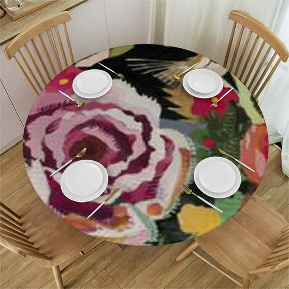 QKZF Cat Cute Baby Round Fitted Tablecloth with Umbrella Hole and Zipper Elastic Edge Table Cover Waterproof Circle Tablecloth for Outdoor Dining Party Holiday White