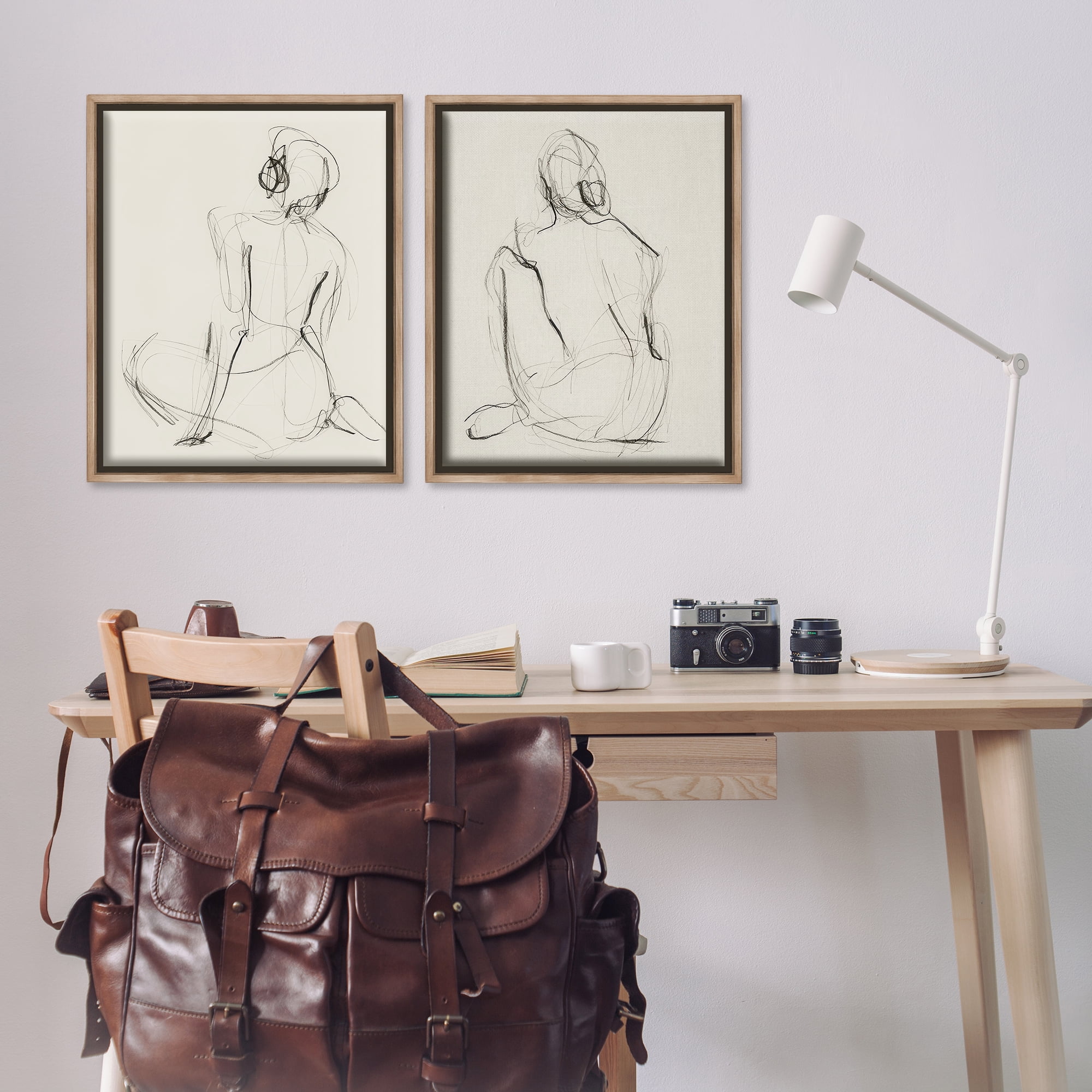 Stupell Industries Sitting Female Figure Drawing People Drawing Brown Floater Framed Canvas Art Print Wall Art, 31 x 25, Set of 2