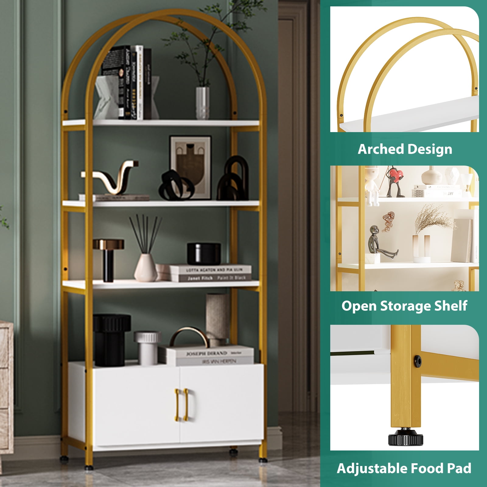 Towallmark 4-Tier Gold Bookshelf with Doors StorageBook Shelf, 71.5“ Tall Arched Book Shelf with Studry Metal Frame and Quality Board for Bedroom Living Room