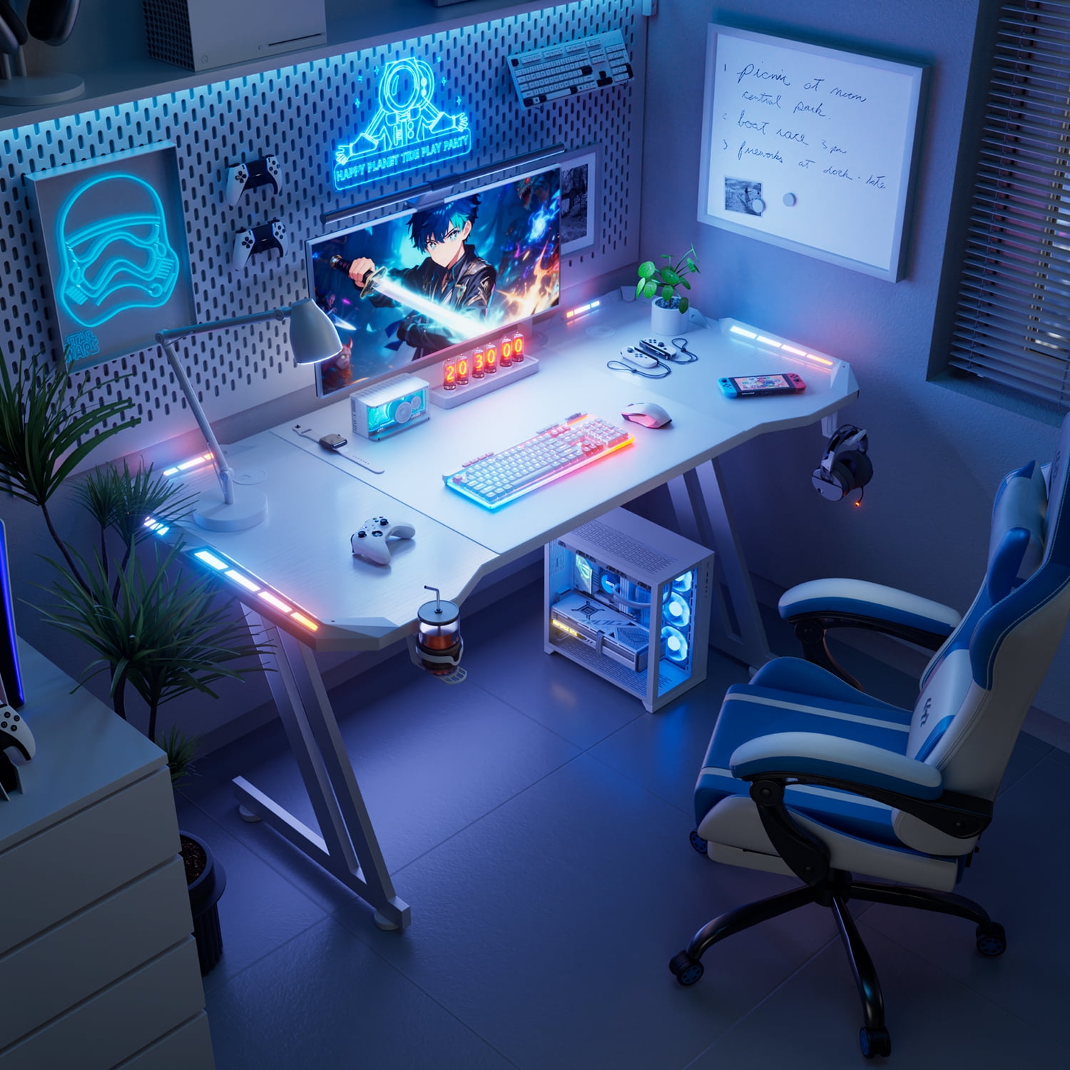 HLDIRECT 47 Inch Gaming Desk with LED Lights Carbon Fibre Surface Gaming Table Large Computer Desk Ergonomic Home Office Desks Z Shaped PC Gamer Workstations with Cup Holder & Headphone Hook White