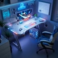 thumbnail image 4 of HLDIRECT 55 Inch Gaming Desk with LED Lights Carbon Fibre Surface Gaming Table Large Computer Desk Ergonomic Home Office Desks Z Shaped PC Gamer Workstations with Cup Holder & Headphone Hook White, 4 of 6