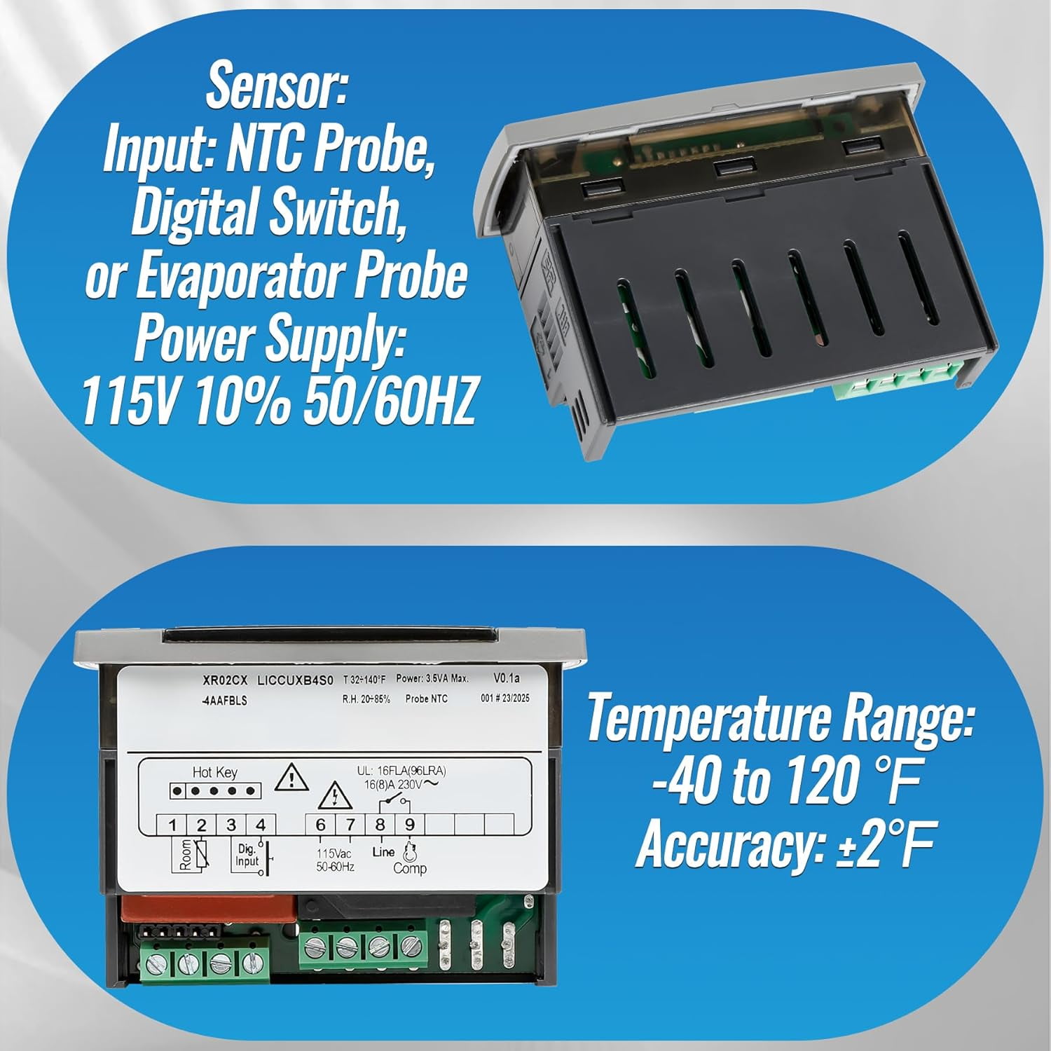 DIZENDAMAI 32-bit Digital Temperature Controller XR02CX-4AAFBL For Commercial Fridges, 110-125V Programmable Thermostat With Red Display