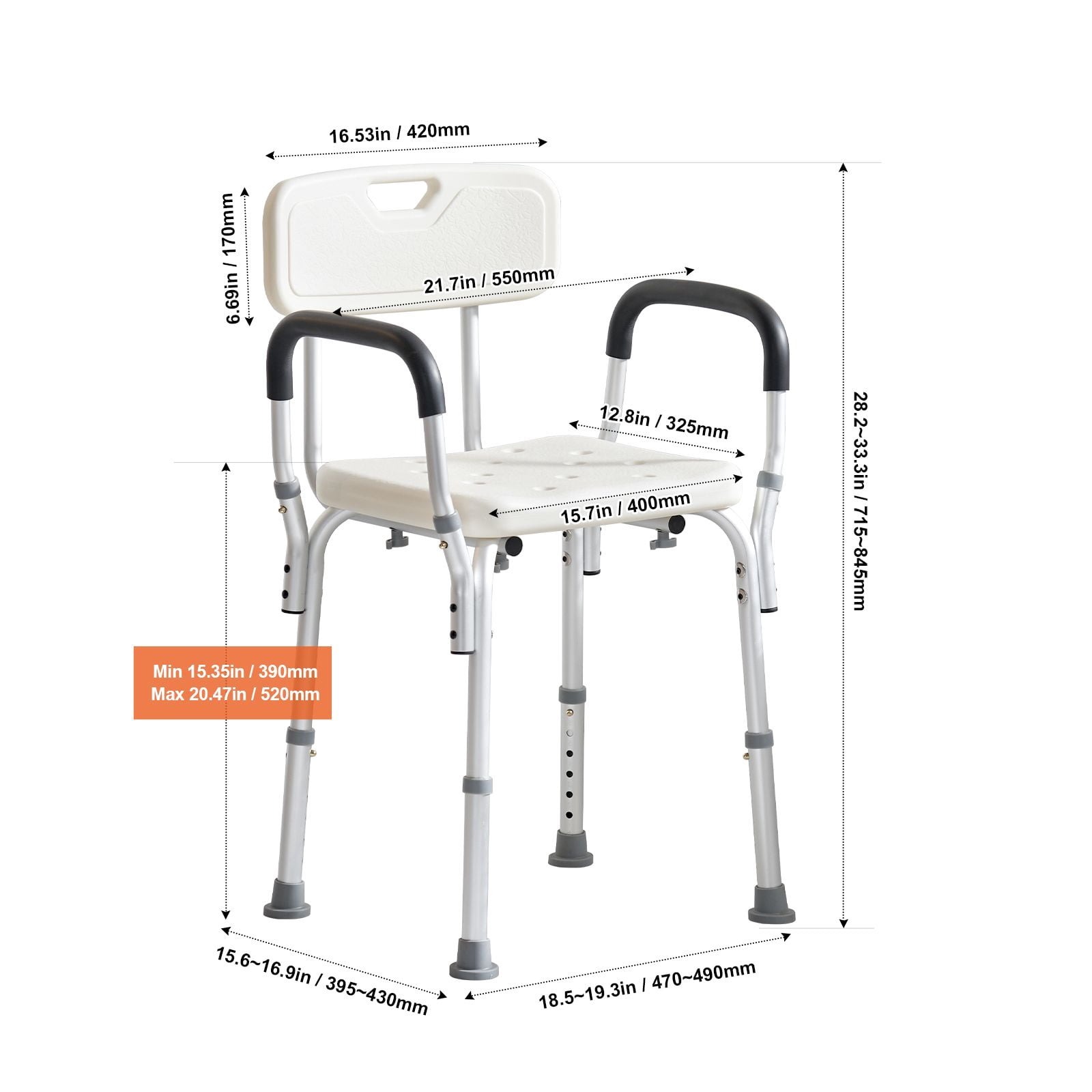 Shower Chair with Armrests & Backrest, 350 lbs Capacity, Adjustable Height 15.35-20.47", Non-Slip, for Seniors Disabled