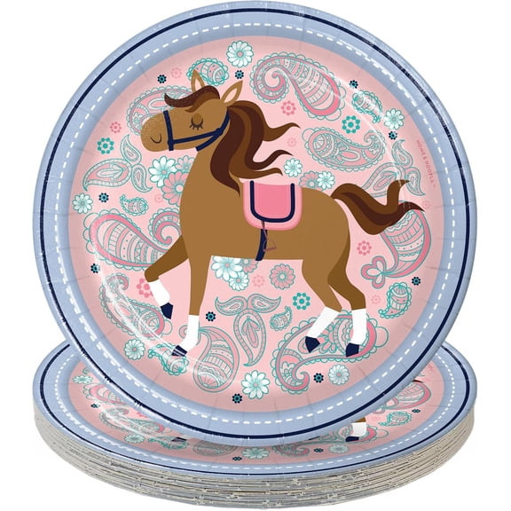 Horse Party Supplies - Saddle Up Round Paper Dessert Plates for 16 Guests