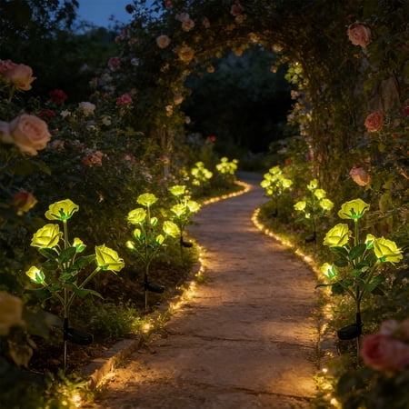 Kieccall Solar Outdoor Artificial Rose Flower LED Stake Light for Garden Yard Lawn Pathway Landscape Decor