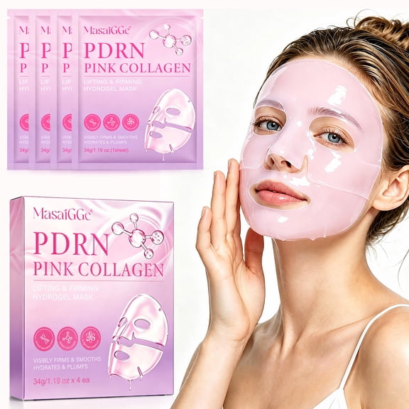 PDRN Pink Collagen Hydrogel Face Mask, Salmon DNA & Low-Molecular Collagen, Hydrating & Firming Skin Care, Overnight Sleeping Mask, 4 Count