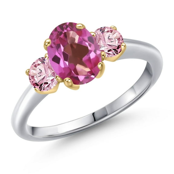 Gem Stone King 925 Silver and 10K Yellow Gold Pink Mystic Topaz and Pink Lab Grown Diamond Engagement Ring for Women | 1.80 Cttw | Oval 8X6MM | Gemstone November Birthstone | Size 8