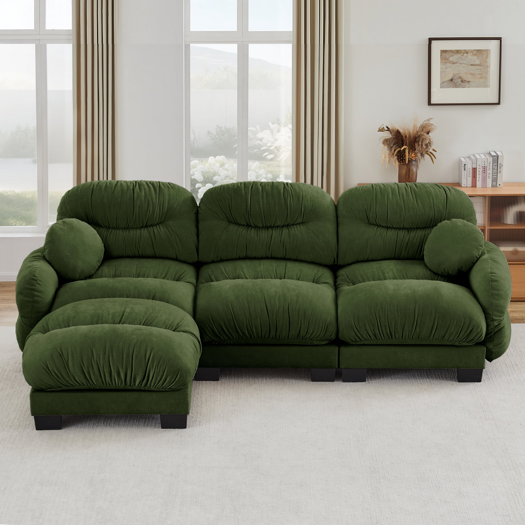 116" 3 Seater Sectional Couch Cozy Chenille Modular Sofa with Ottoman and 2 Throw Pillows